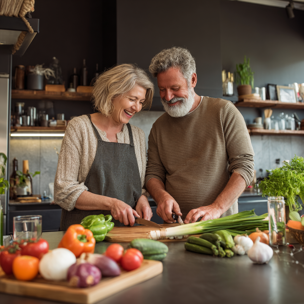Happy middle-aged couple preparing healthy meal together in modern kitchen