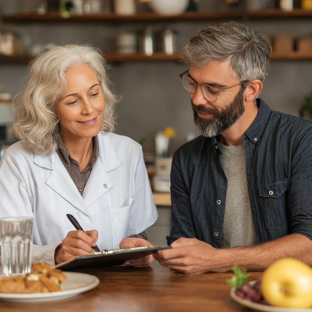 Mature nutritionist consulting with middle-aged client about personalized meal planning
